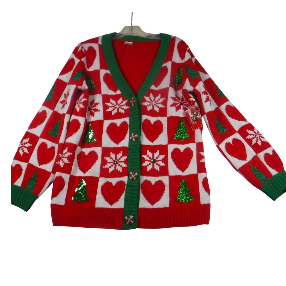Holiday Time Womens Christmas Cardigan Red White Hearts Sequin Tree Medium